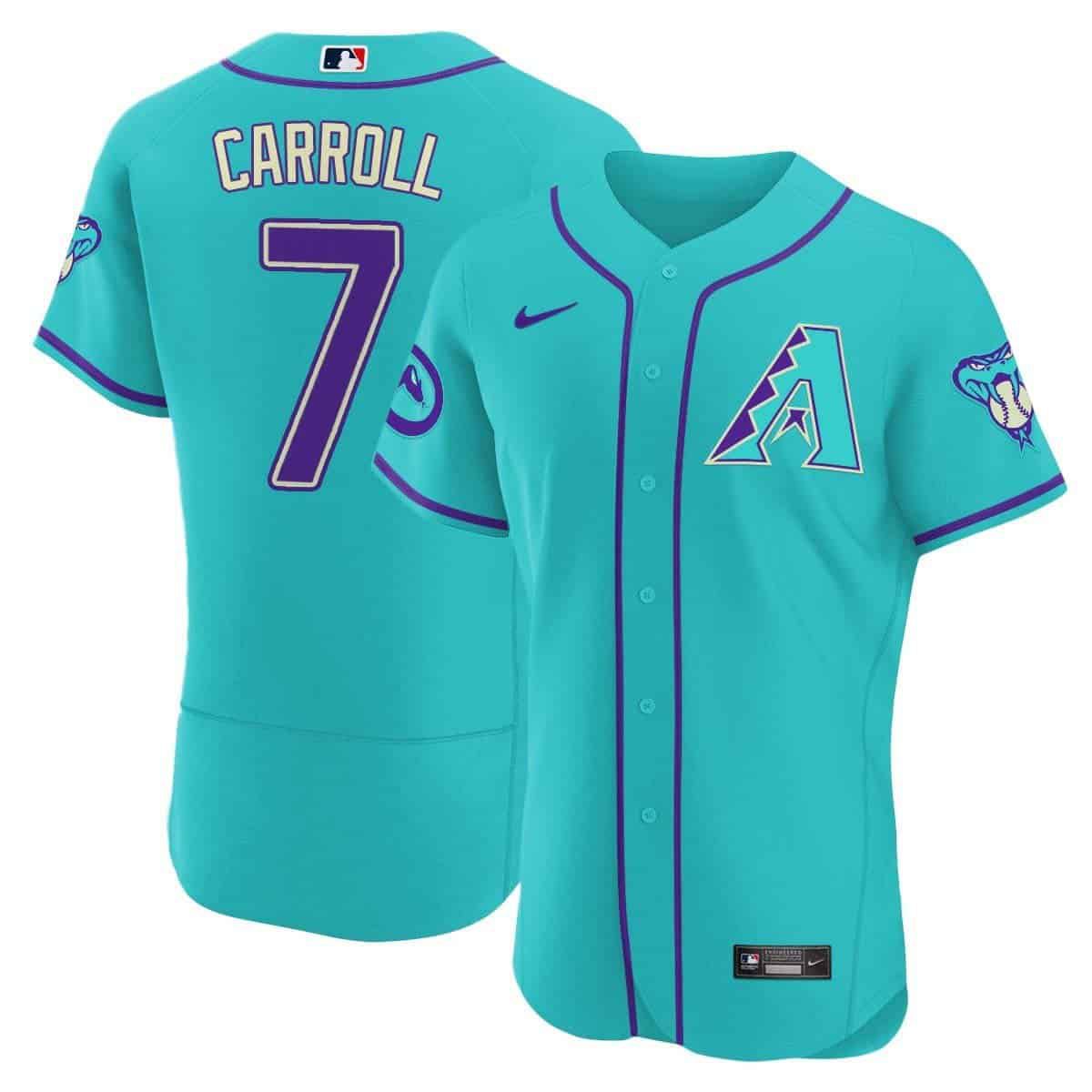 Men Arizona Diamondback 7 Carroll Light Blue Nike 2024 Teal Purple MLB Jersey style 3